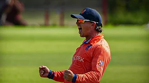 Photo: X | Cricket Netherlands : Noah Croes reaction after taking a brilliant catch.
